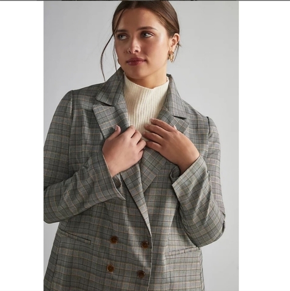New Anthropologie Hutch Classic Longline Double Breasted Plaid Maize Blazer Sz M - Picture 9 of 17